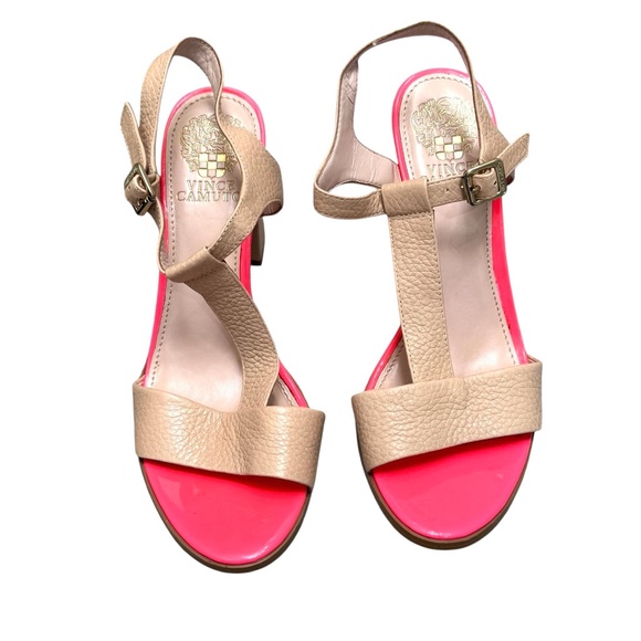VINCE CAMUTO BEIGE & HOT PINK NOVASI BLOCK HEEL T STRAP SANDAL - Picture 16 of 16